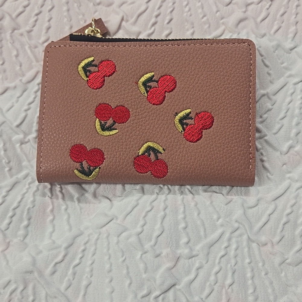 Private Label Pink Peony Cherry Embroidered Zip Wallet NEW NWT